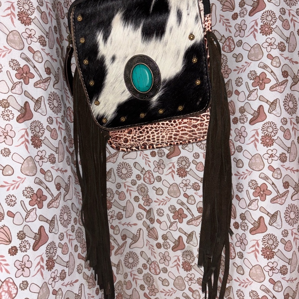 Myra Bag Black and White Cowhide Crossbody with Turquoise Accent